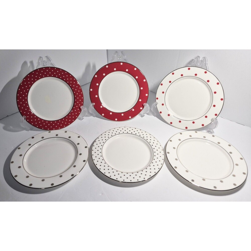 6 Kate Spade Lenox Polka Dot 3 Red And 3 Platinum Appetizer Plates 5.75"